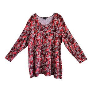 ULLA POPKEN Women's Plus 20 22 Tunic Top Leaves Pattern Orange Brown Cotton 50"